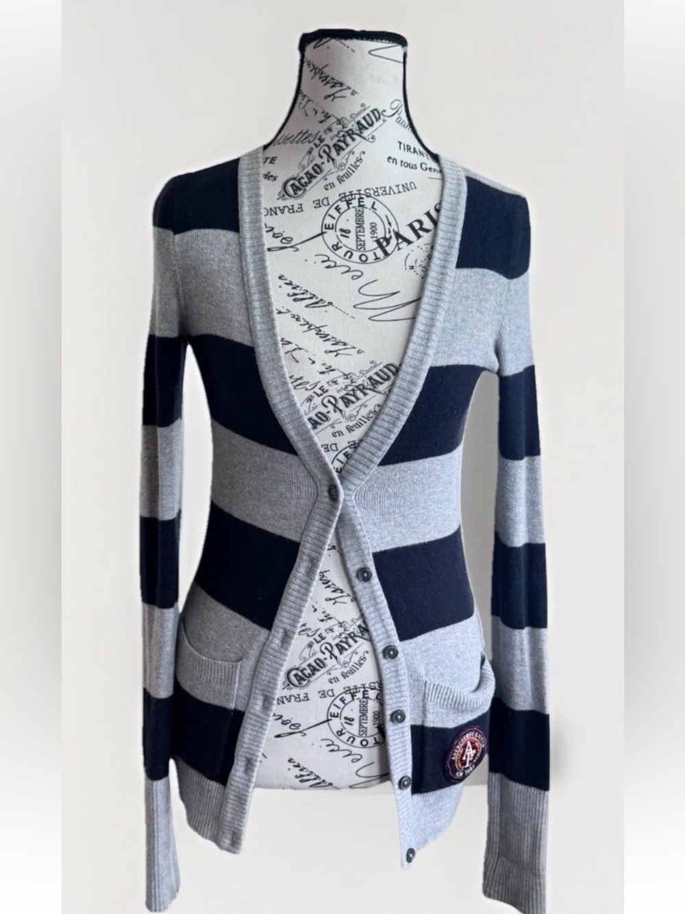 90s Y2K Abercrombie & Fitch Striped Knit Long Cardigan Grey & Blue Size XS